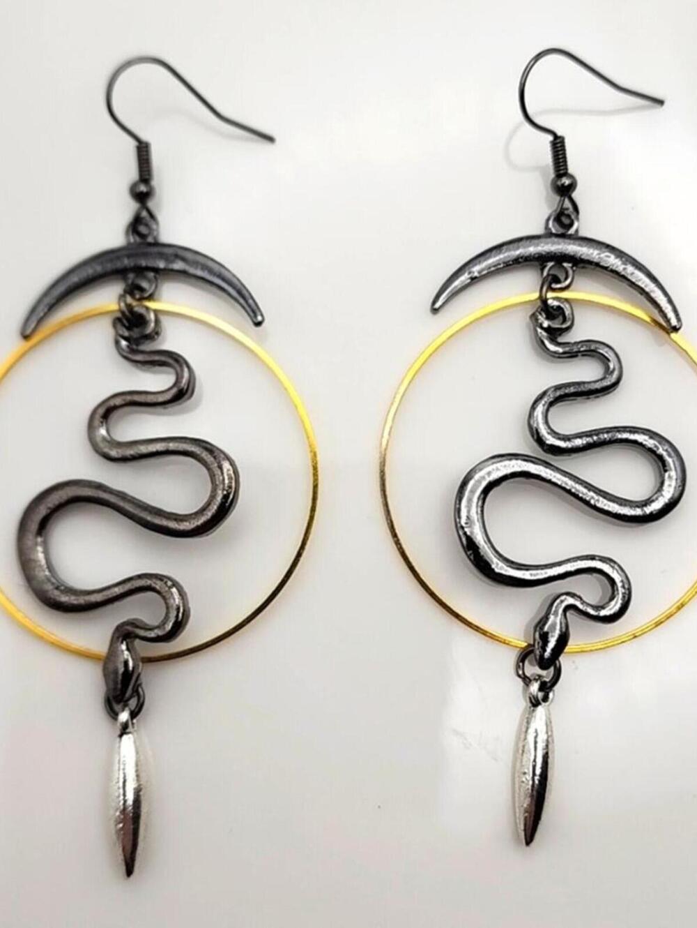 Ouroboros Moon Drop Serpent Snake Silver Gold Hoop Earrings